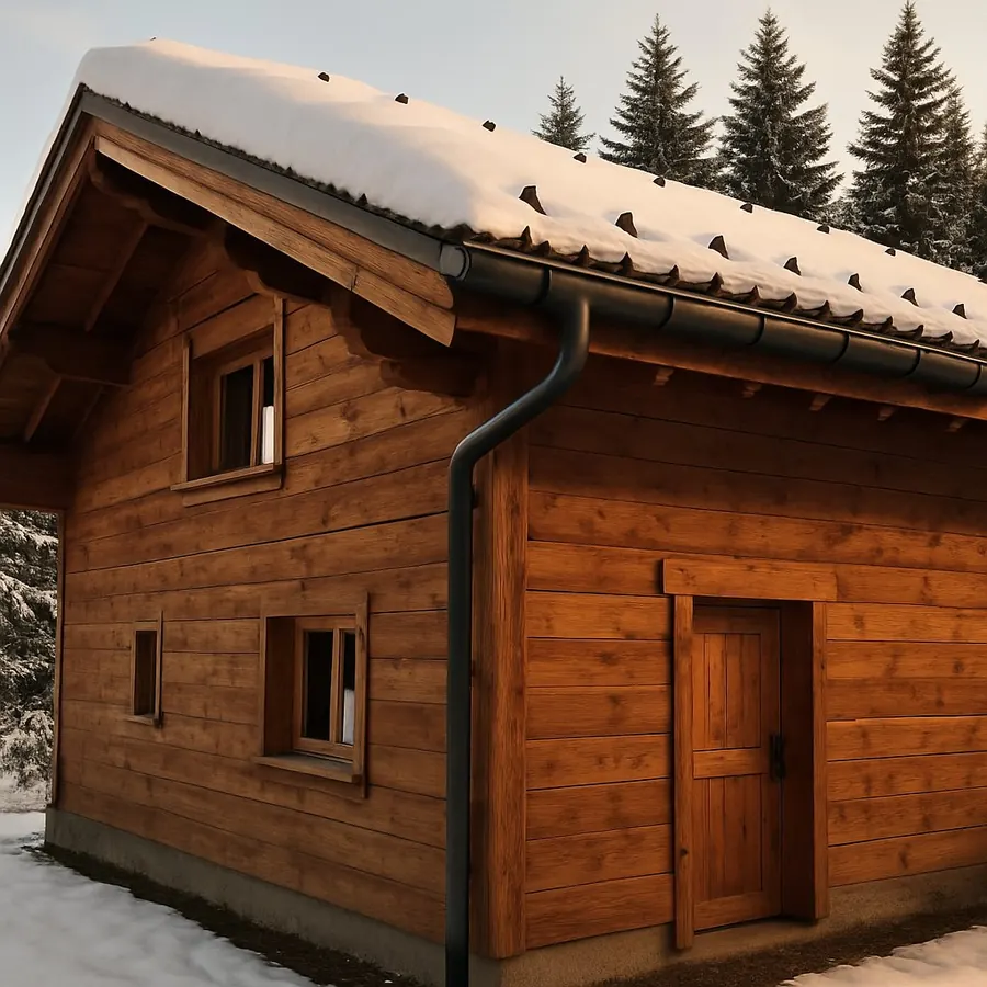 Chalet en bois de mélèze avec des arrêts de neige retenant la neige au bord du toit