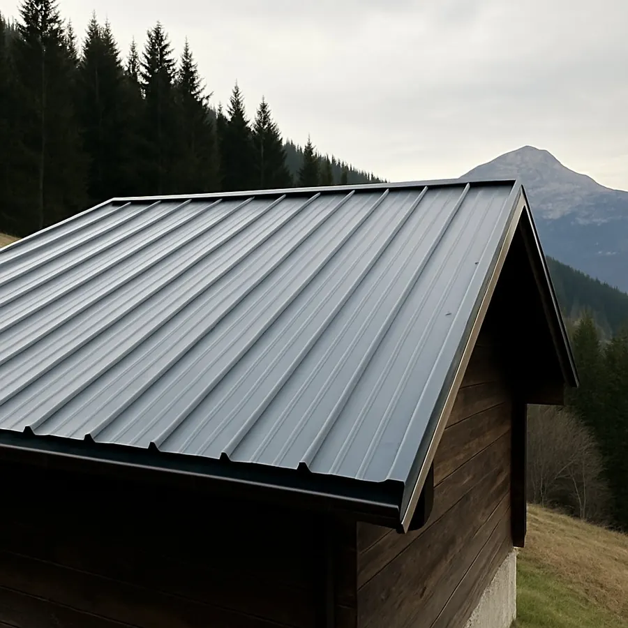 Toiture en bac acier gris anthracite sur une annexe en bois, montagne en arrière-plan