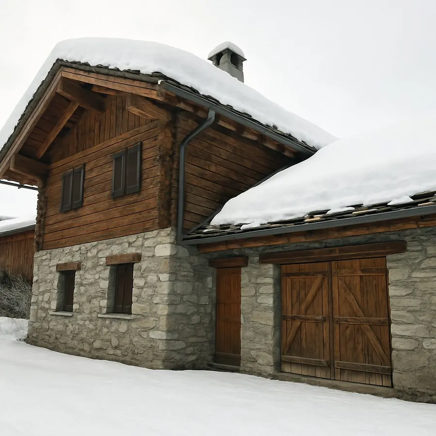 Chalet en pierre et bois avec une épaisse couche de neige sur le toit