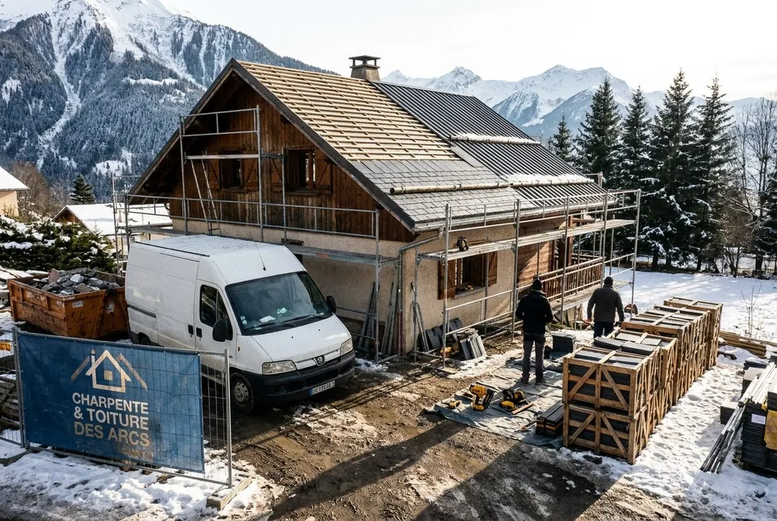 Chalet en rénovation sous échafaudage avec sa toiture en lauzes et le panneau de chantier Charpente & Toiture des Arcs